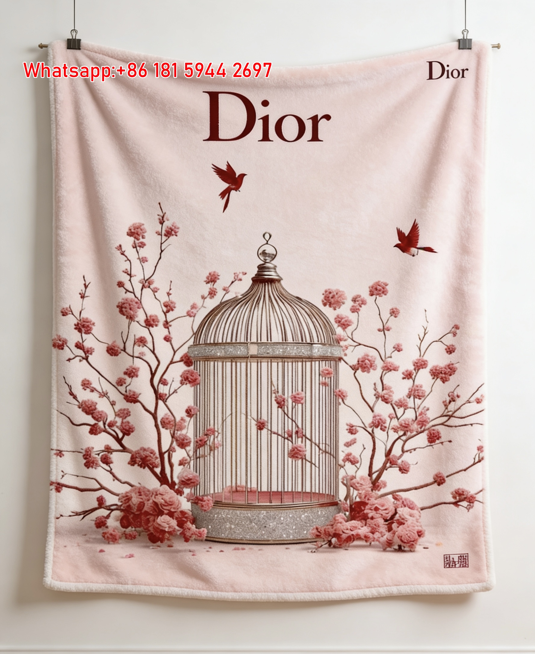 Dior Cherry Blossom Birdcage Flannel Sofa Throw Blanket for Wall Hanging Decor D203
